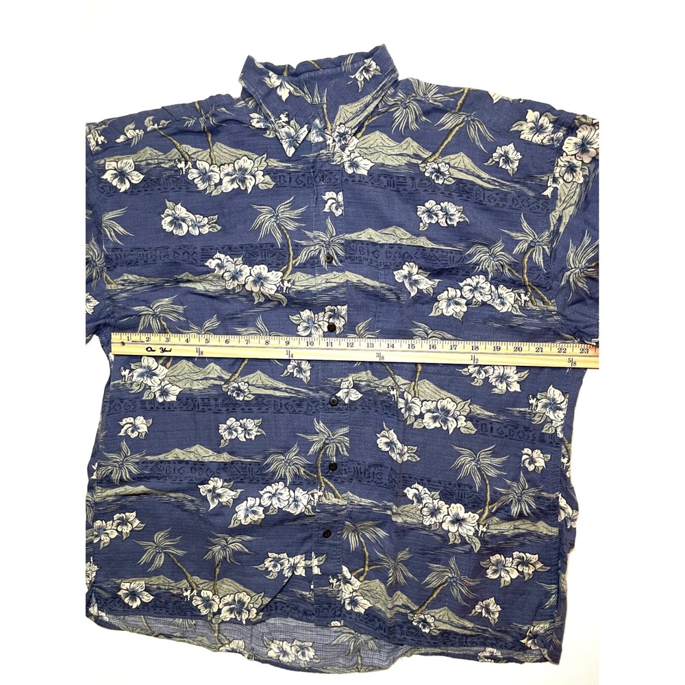 Vintage Big Dogs 90s Hawaiian Shirt Mens S/M Blue Cotton Rayon Aloha Palm Tree - Picture 5 of 7